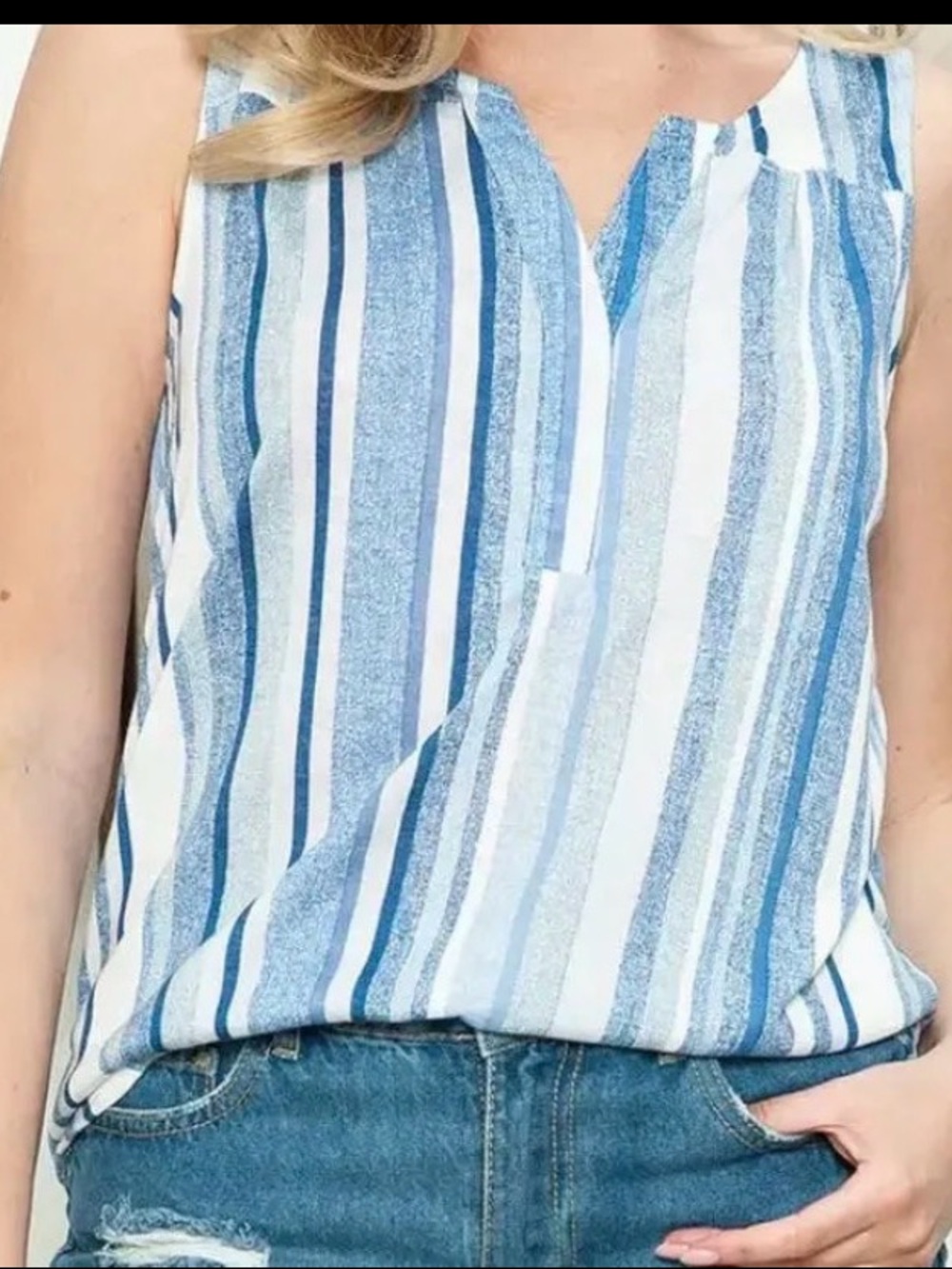 Women's Blue and White Vertical Stripe Sleeveless Split-Neck Sleeveless Top